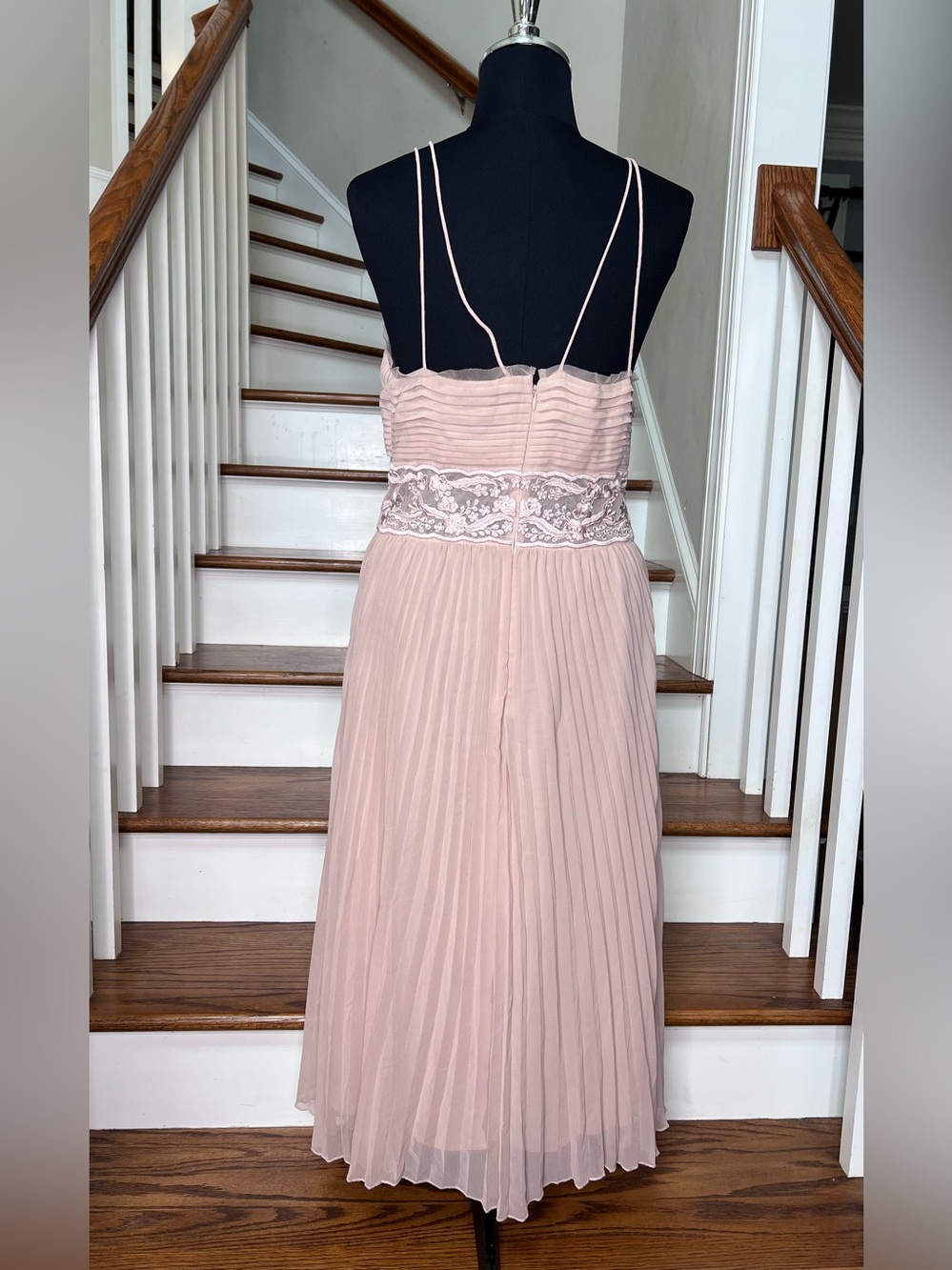 REISS Blush Pink Pleated Midi Dress Lace Waist Silk Look Chiffon US 6 - Picture 8 of 11